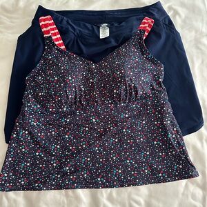 Lands End Starry Tankini Top, Navy Skort, Navy Rash Guard Bathing Suit Set
